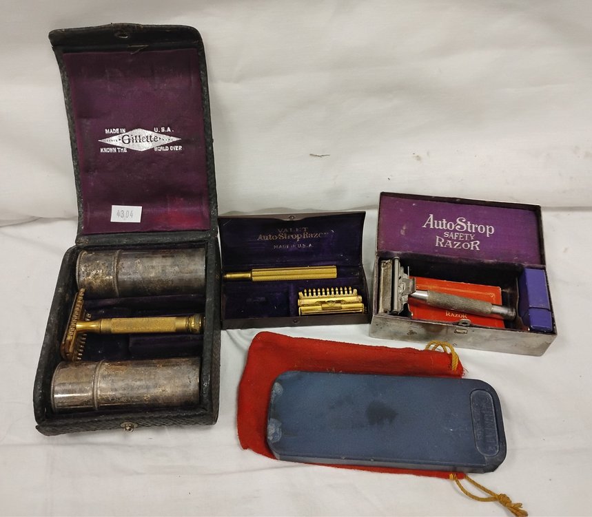Old Razor Set THREE VINTAGE MEN'S RAZOR SETS WITH BOXES AND ONE SHARPENING STONE