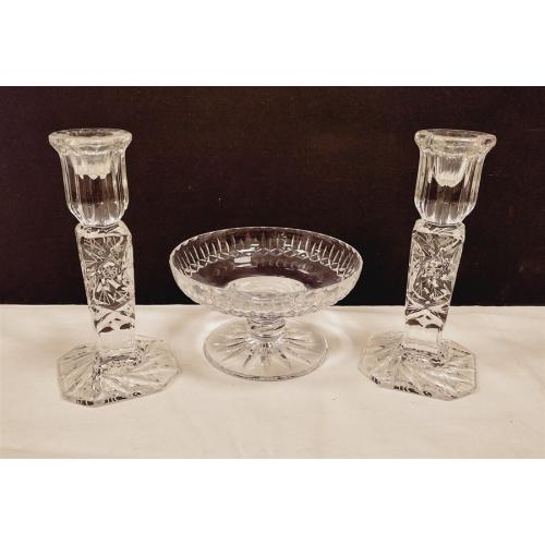 PAIR OF CRYSTAL CANDLE STICKS AND COMPOTE