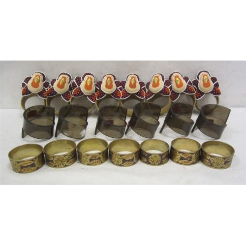 THREE SETS OF NAPKIN RINGS: LUCITE, BRASS AND CLOTH TURKEYS