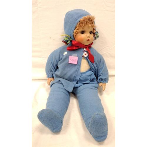 CLOTH BODY DOLL, PLASTIC HEAD WITH SLEEPY EYES