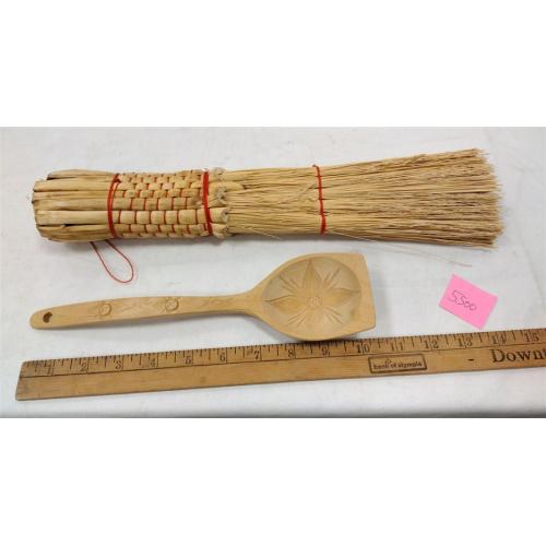 HAND MADE MILLETT BROOM, CARVED WOOD SPOON