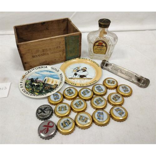SMALL HAVANA WOOD BOX, CROWN ROYAL BOTTLE, LUCKY CAPS, TWO BEER COASTERS