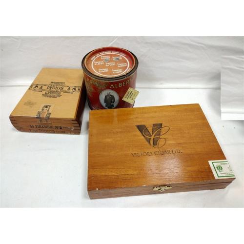 TWO WOOD TOBACCO BOXES AND PRINCE ALBERT TOBACCO TIN