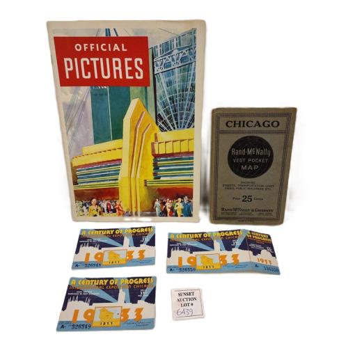 1933 CHICAGO WORLDS FAIR OFFICIAL PICTURES BOOK, THREE TICKETS. A FOLD OUT CHIAGO POCKET MAP
