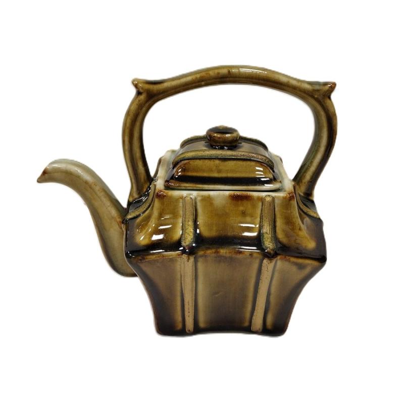 VINTAGE BROWN GREEN GLAZED CERAMIC TEAPOT
