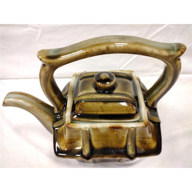 VINTAGE BROWN GREEN GLAZED CERAMIC TEAPOT
