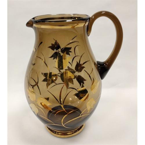 BOHEMIAN BLOWN GLASS PITCHER WITH GOLD LEAVES