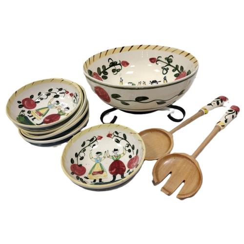 MID CENTURY PORCELAIN FOLK ART SALAD SET WITH WROUGHT IRON BASE
