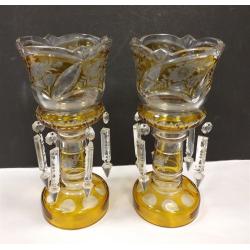 PAIR OF VINTAGE GERMAN YELLOW CUT TO CLEAR LUSTERS WITH PRISMS