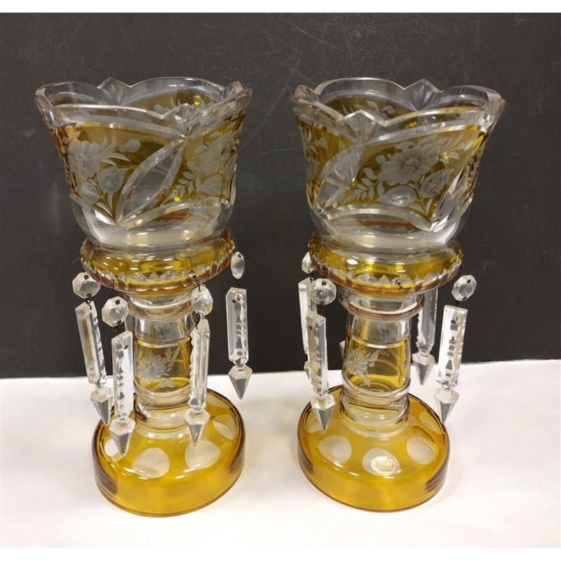PAIR OF VINTAGE GERMAN YELLOW CUT TO CLEAR LUSTERS WITH PRISMS