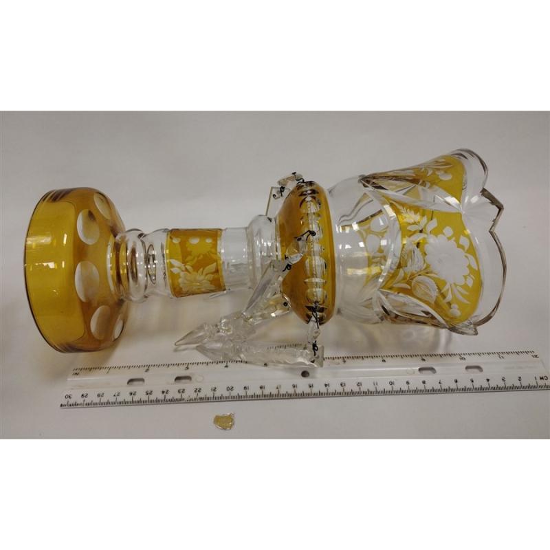 PAIR OF VINTAGE GERMAN YELLOW CUT TO CLEAR LUSTERS WITH PRISMS
