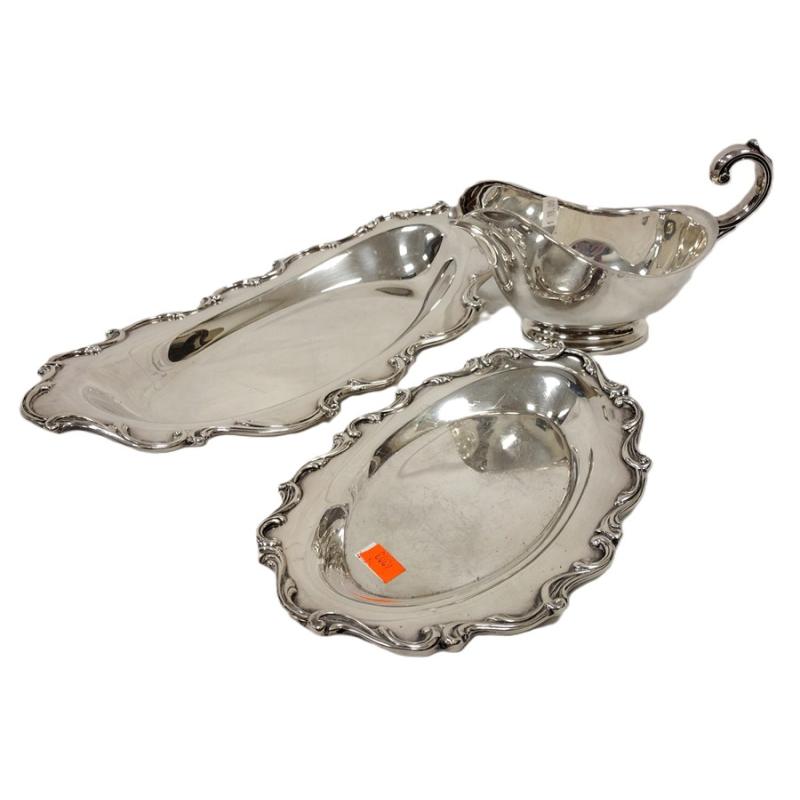 SILVER PLATED SAUCE BOAT AND TWO TRAYS