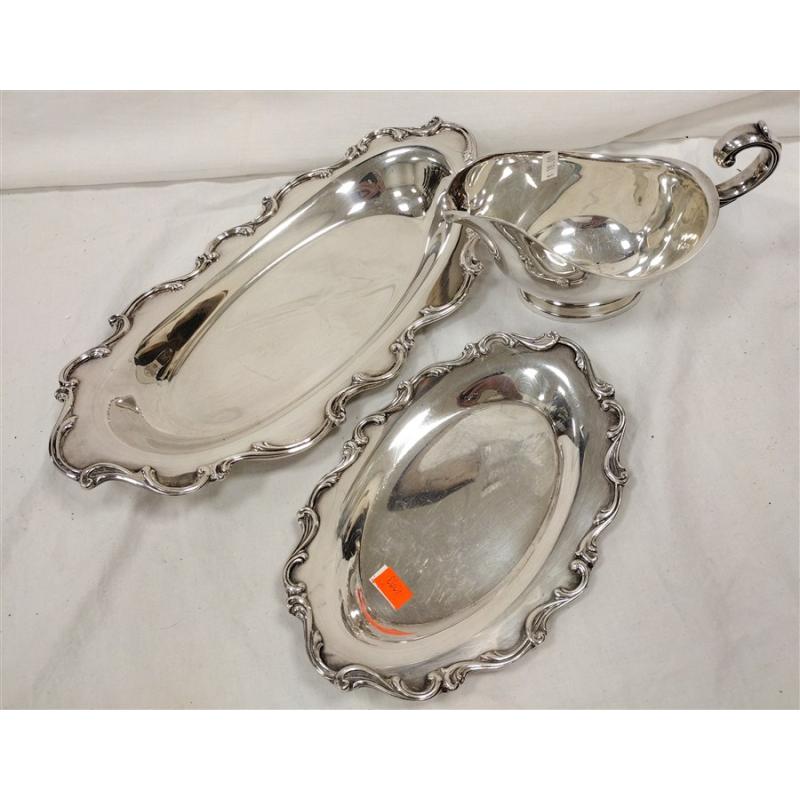 SILVER PLATED SAUCE BOAT AND TWO TRAYS
