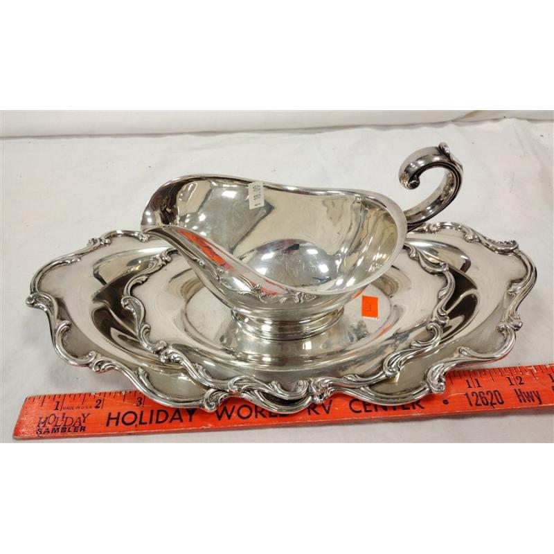 SILVER PLATED SAUCE BOAT AND TWO TRAYS