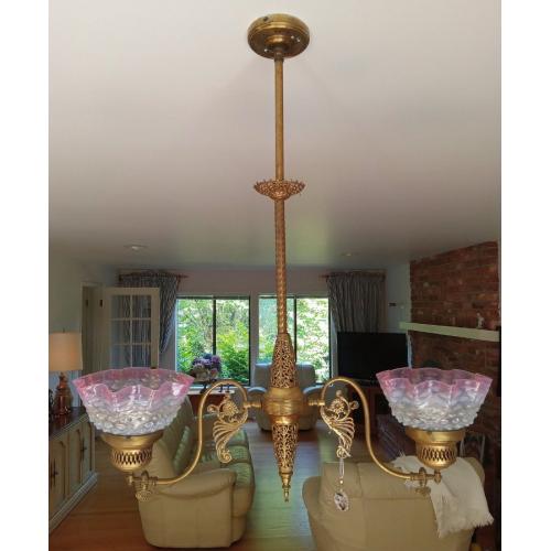 ANTIQUE CONVERTED GAS FIXTURE WITH PINK OPALESCENT BUBBLE GLASS SHADES