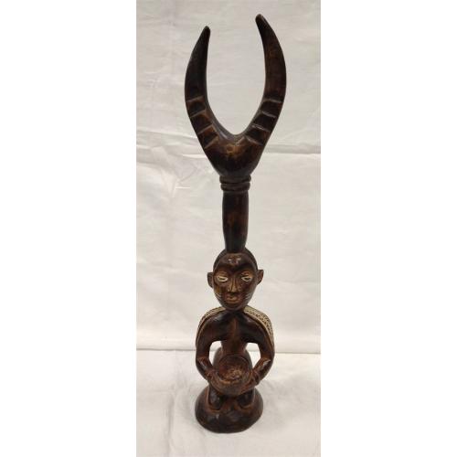 AFRICAN CARVED WOOD HORNED FIGURE