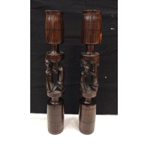 CARVED ROSEWOOD CANDLE HOLDERS WITH AFRICAN FIGURES