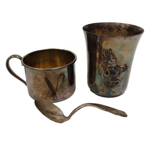TWO SILVERPLATED BABY CUPS AND AS IS SPOON
