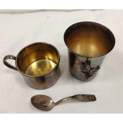 TWO SILVERPLATED BABY CUPS AND AS IS SPOON