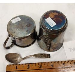 TWO SILVERPLATED BABY CUPS AND AS IS SPOON