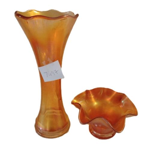 ANTIQUE ORANGE CARNIVAL GLASS VASES