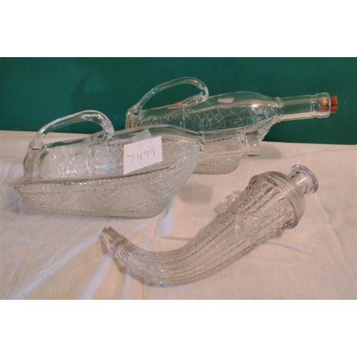 RARE GLASS CORNUCOPIA AND TWO PRESSED GLASS WINE BOTTLES