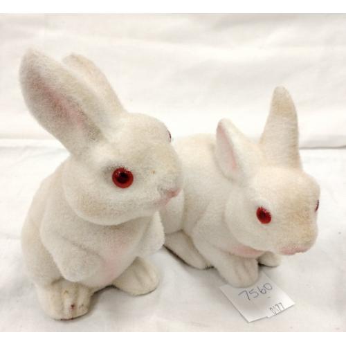 TWO FLOCKED MEDIUM SIZE PLASTIC BUNNY RABBITS
