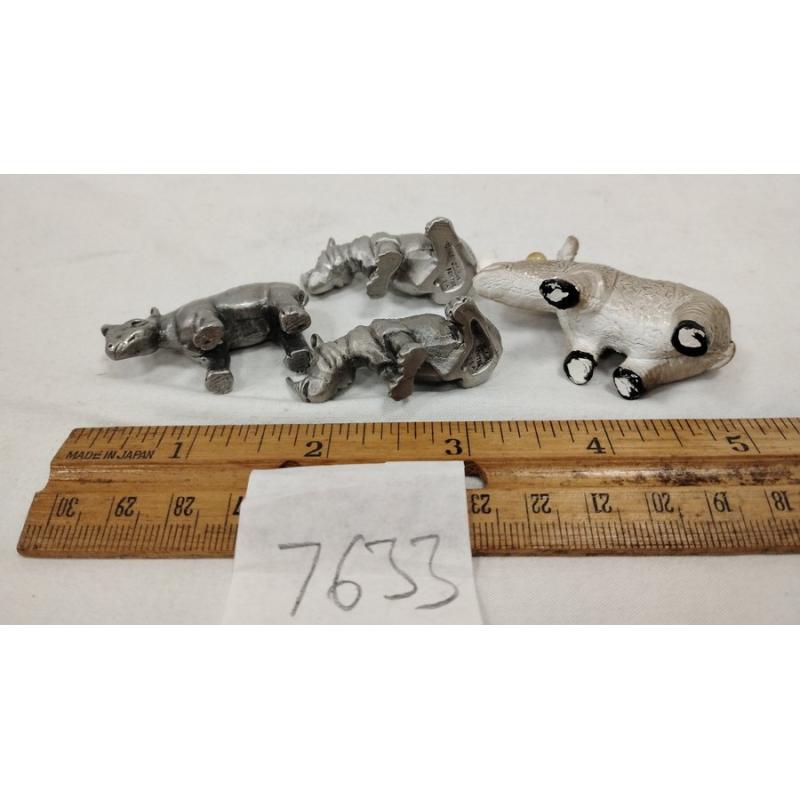 THREE PEWTER AND ON LEAD SMALL HIPPOS