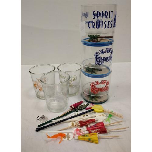 THREE SPIRIT CRUISES PROMOTIONAL PLASTIC STACKING TUMBLERS, AND COCKTAIL PICKS