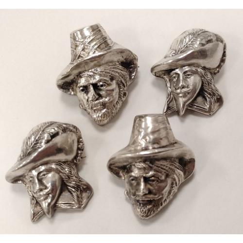 FOUR HOLLOW STERLING MUSKETEER PINS.  11.8 GRAMS