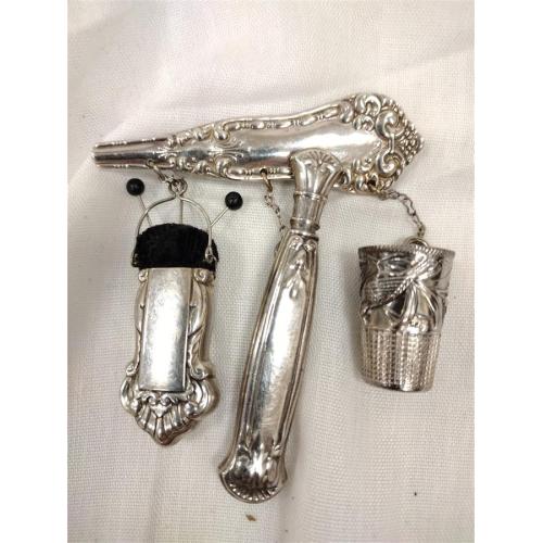 STERLING SEWING THEME PIN MADE FROM  SILVERWARE AND A THIMBLE