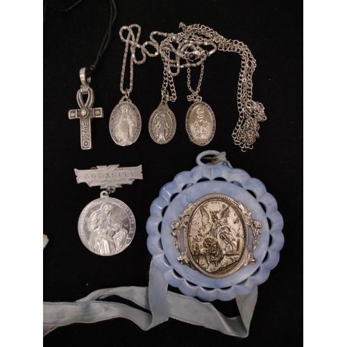 CATHOLIC JEWELRY, PENDANTS, PIN, ROSARY, CELLULOID WALL HANGING