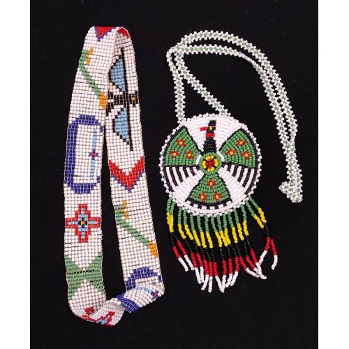 NATIVE BEADED HAT BAND AND MEDALLION WITH LEATHER BACKING