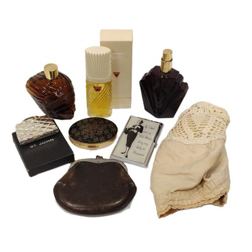 MIRROR COMPACTS, TWO PERFUME BOTTLES, DIVA PERFUME AND MORE