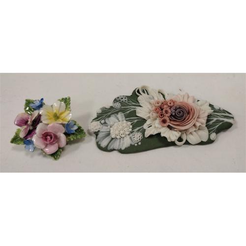 SIGNED ARTISAN PORCELAIN PIN AND ENGLISH BONE CHINA FLORAL PIN