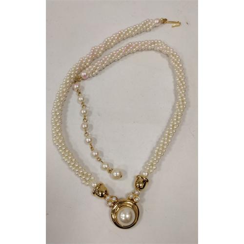 SIGNED MARVELLA PINK & WHITE PEARL NECKLACE WITH GOLD TONE ACCENTS