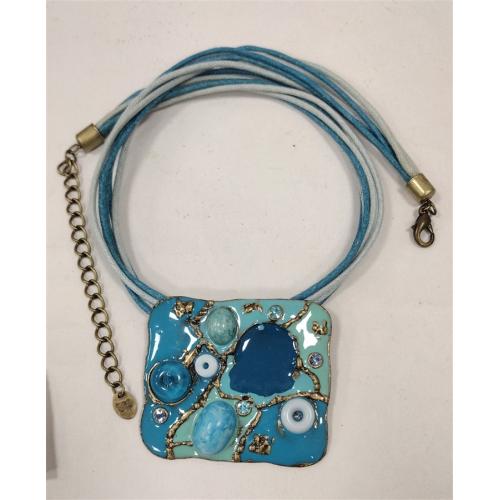 ENAMELED METAL ARTISAN PENDANT ON MULTISTRAND CHAIN