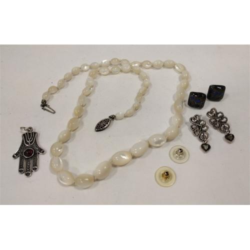 MOTHER OF PEARL NECKLACE, CHARM AND PAIR OF EARRINGS