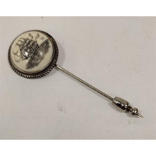 VINTAGE SCRIMSHAWED LAPEL PIN WITH SAILING SHIP