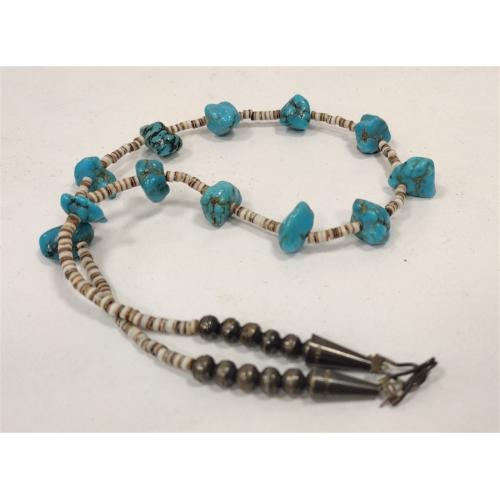 VINTAGE SHELL, SILVER PLATE AND TURQUIOSE BEAD NECKLACE