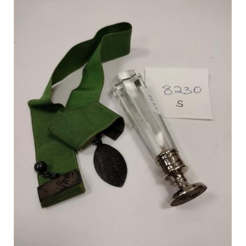 VINTAGE RIBBON AND STERLING BOOK MARK, CRYSTAL WAX SEAL
