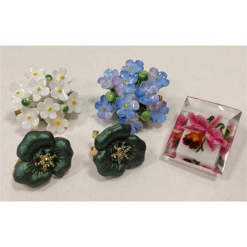 THREE PINS AND PAIR OF ENAMELED EARRINGS