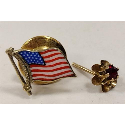 GOLD: UNMARKED 14K EARRING, MARKED 14K FLAG TIE PIN