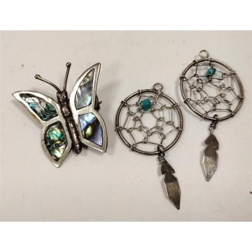 UNMARKED STERLING & ABALONE BUTTERFLY PIN, AND DREAM CATCHER STERLING EARRINGS