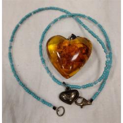 MICRO BEAD NECKLACE, STERLING/AMBER HEART PENDANT