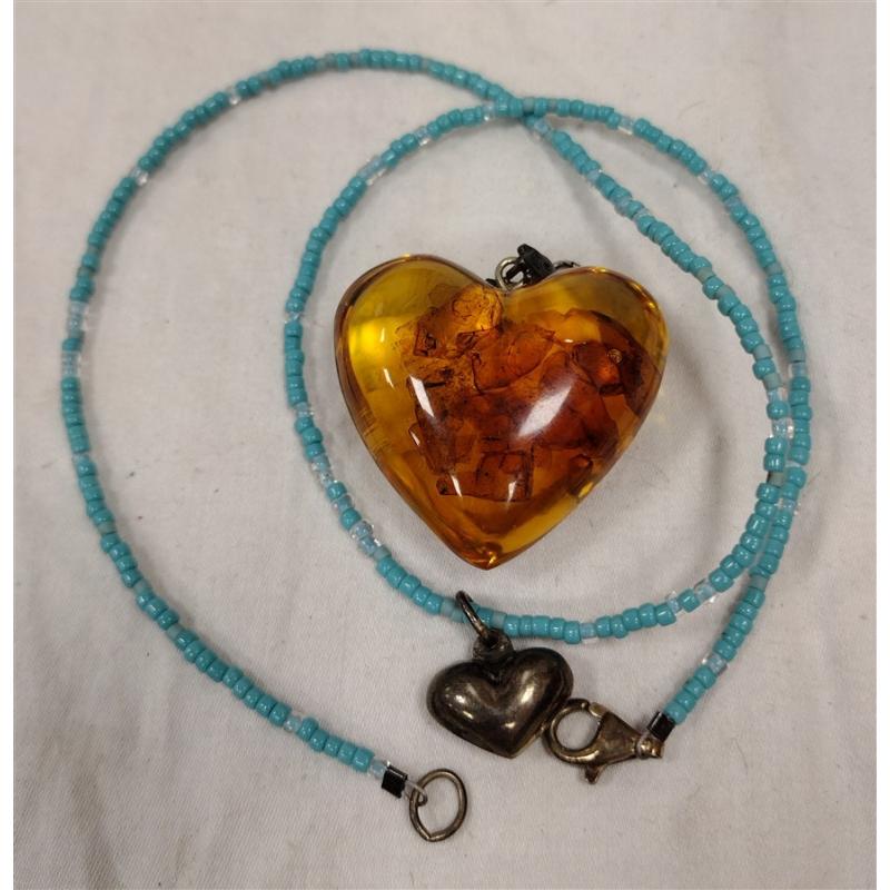 MICRO BEAD NECKLACE, STERLING/AMBER HEART PENDANT