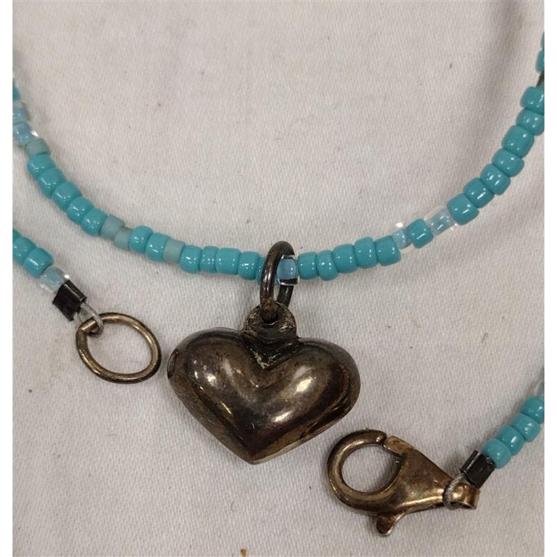 MICRO BEAD NECKLACE, STERLING/AMBER HEART PENDANT