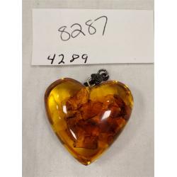 MICRO BEAD NECKLACE, STERLING/AMBER HEART PENDANT