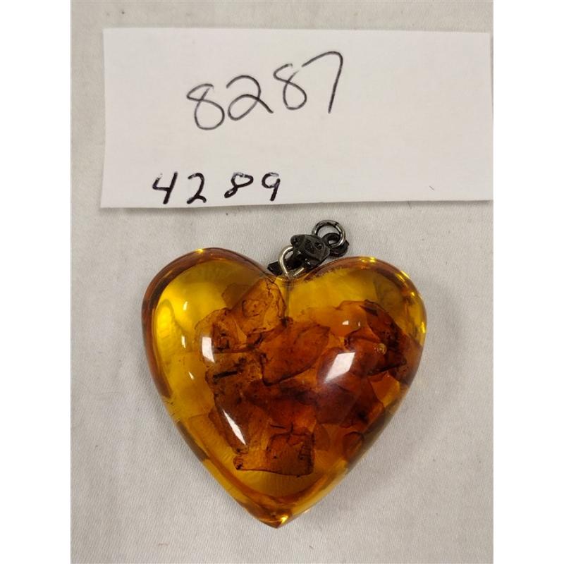 MICRO BEAD NECKLACE, STERLING/AMBER HEART PENDANT