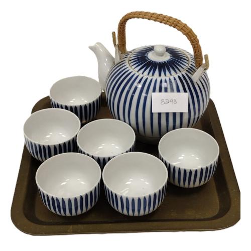 VINTAGE JAPANESE BLUE & WHITE STRIPED TEAPOT WITH SET CUPS ON KOREAN METAL TRAY